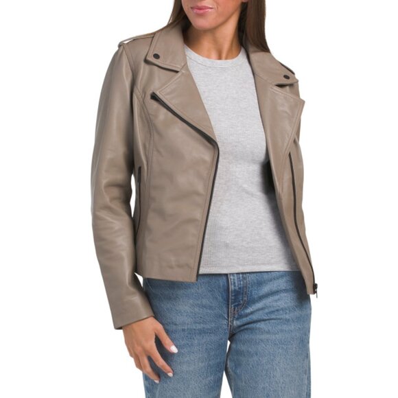 BOD & CHRISTENSEN Simply Taupe Genuine Leather Biker Jacket